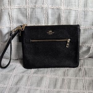 Coach Black Leather Wristlet with Gold Accents